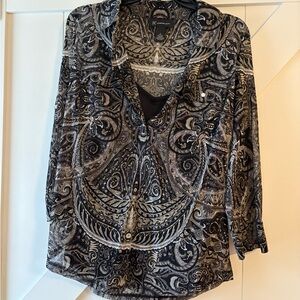 INC International Concepts Black and Gray Swirl Blouse